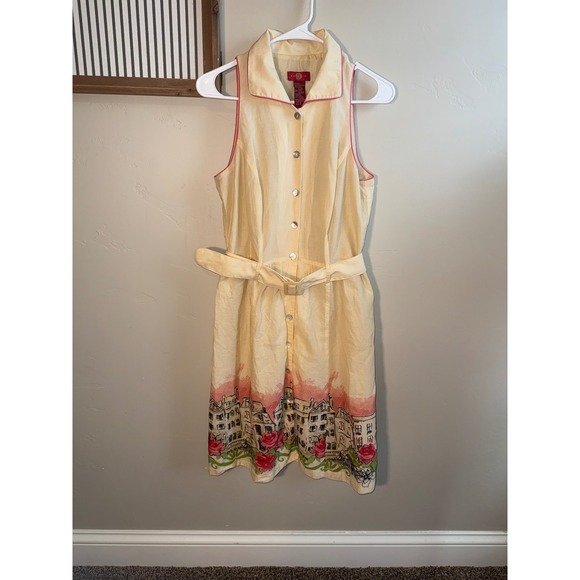 Sangria Dresses & Skirts - Sangria Yellow Cotton Belted Shirt Dress Paris Border Print Rose Houses